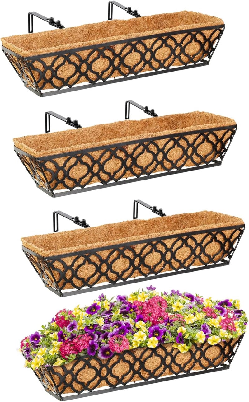 YM Flower Boxes for Deck Railings 24inch 4packs, Deck Railing Planter Boxes with Coir Liner Outdoor Railing Window Boxes Planters Hanging Planter Flower Box - Image 1